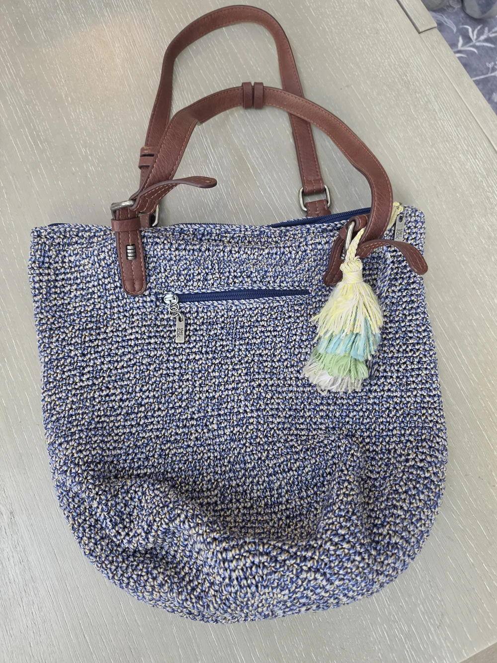 The Sak Blue Woven Shoulder Bag with Brown Handles